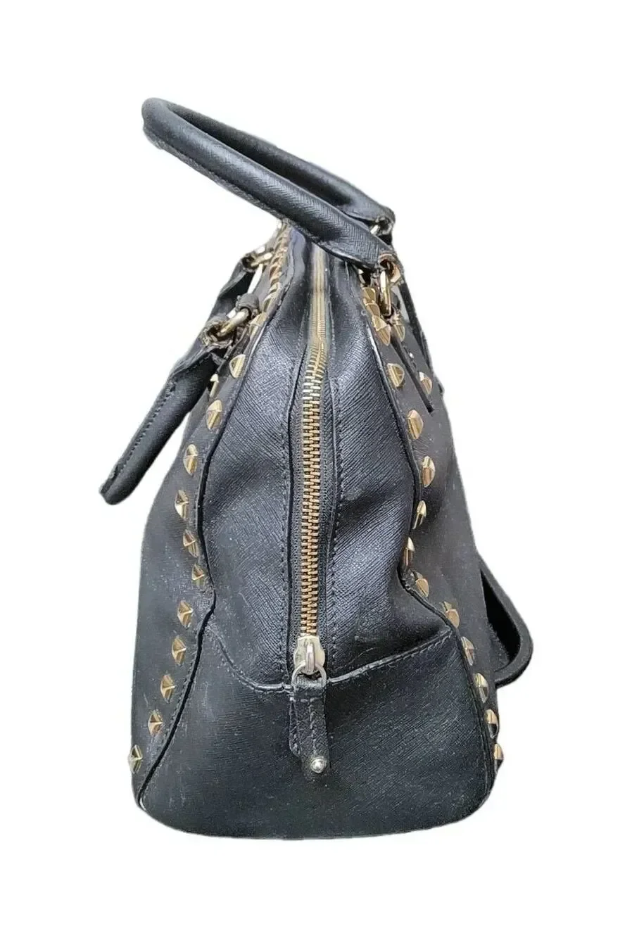 MICHAEL KORS Black Leather Dome Satchel with Gold Studs